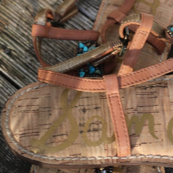 Sam Edelman Turquoise Stone Thong Tan Leather Cork Footbed Flat Sandals Sz 9 - Picture 3 of 5